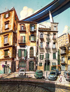 Illustration of old apartment buildings on a city street beneath an elevated road with parked cars