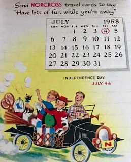 1958 Norcross greeting card ad with July calendar and cartoon family in old car for Independence Day