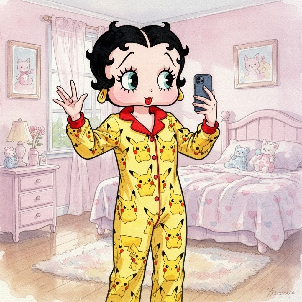 Betty Boop cartoon character taking selfie in yellow pajamas in pink bedroom
