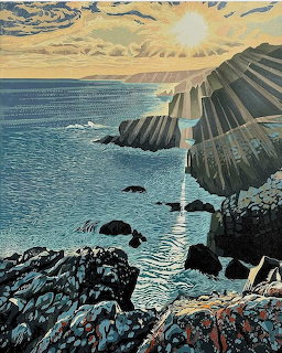 Coastal Cliffs Sunrise Woodcut