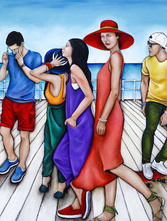 Five people in bright colorful outfits on a wooden boardwalk with blue sky background