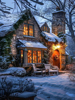 Snowy Stone Cottage at Dusk
