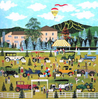 Folk art painting of vintage car show with antique autos, people, houses, and hot air balloon in whimsical Americana style