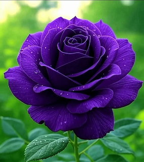 Close-up of a deep purple rose with water droplets on petals against a blurred green background