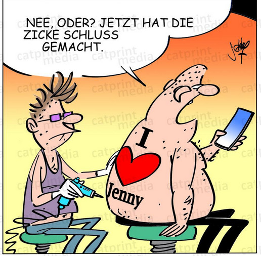 Cartoon of a man getting an'I love Jenny' heart tattoo removed while checking his phone