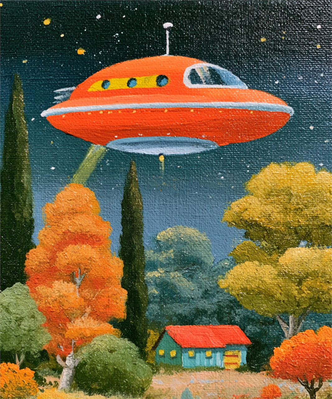 Orange UFO spacecraft flying over rural landscape with autumn trees and house at night