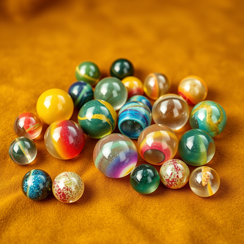 Assorted colorful glass marbles with swirled patterns on golden fabric background
