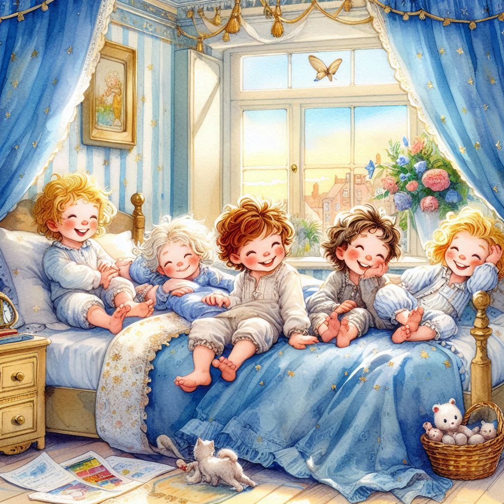 Children on Blue Bed