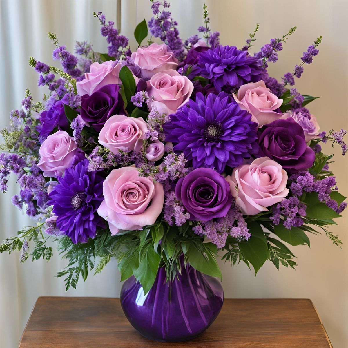 Purple and pink rose bouquet with purple daisies and lavender in purple vase