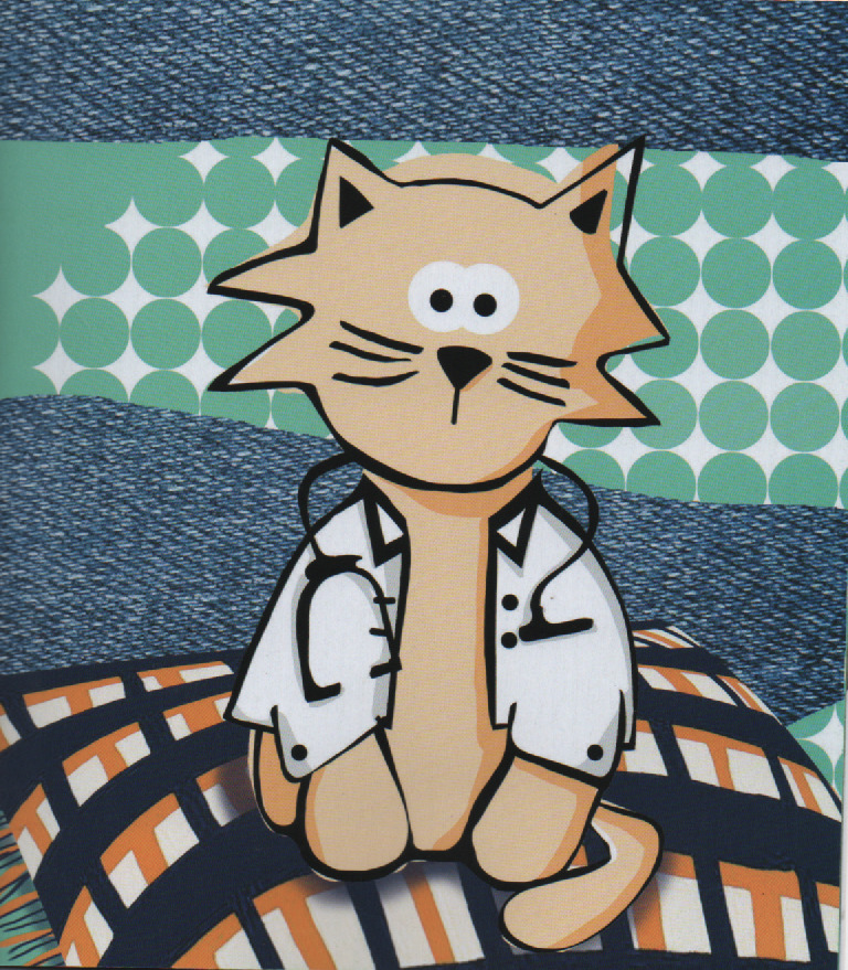 Cartoon orange cat wearing a white doctor's coat, sitting on a patterned cushion