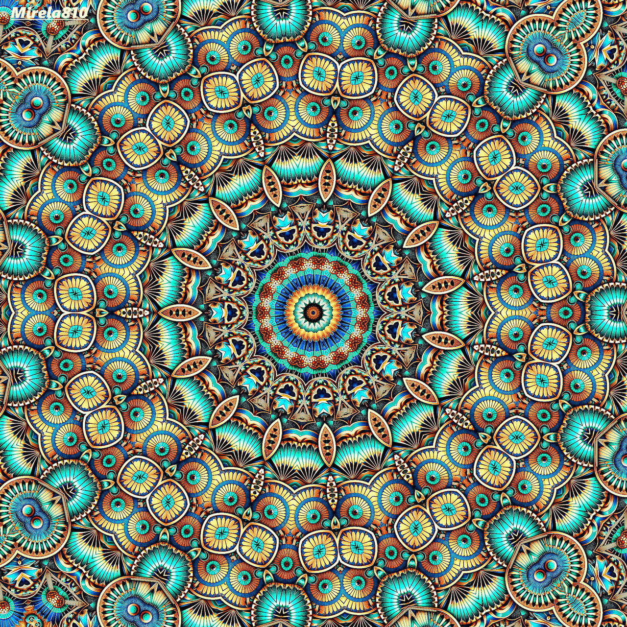 Detailed turquoise and cream mandala with symmetrical geometric patterns radiating from central point