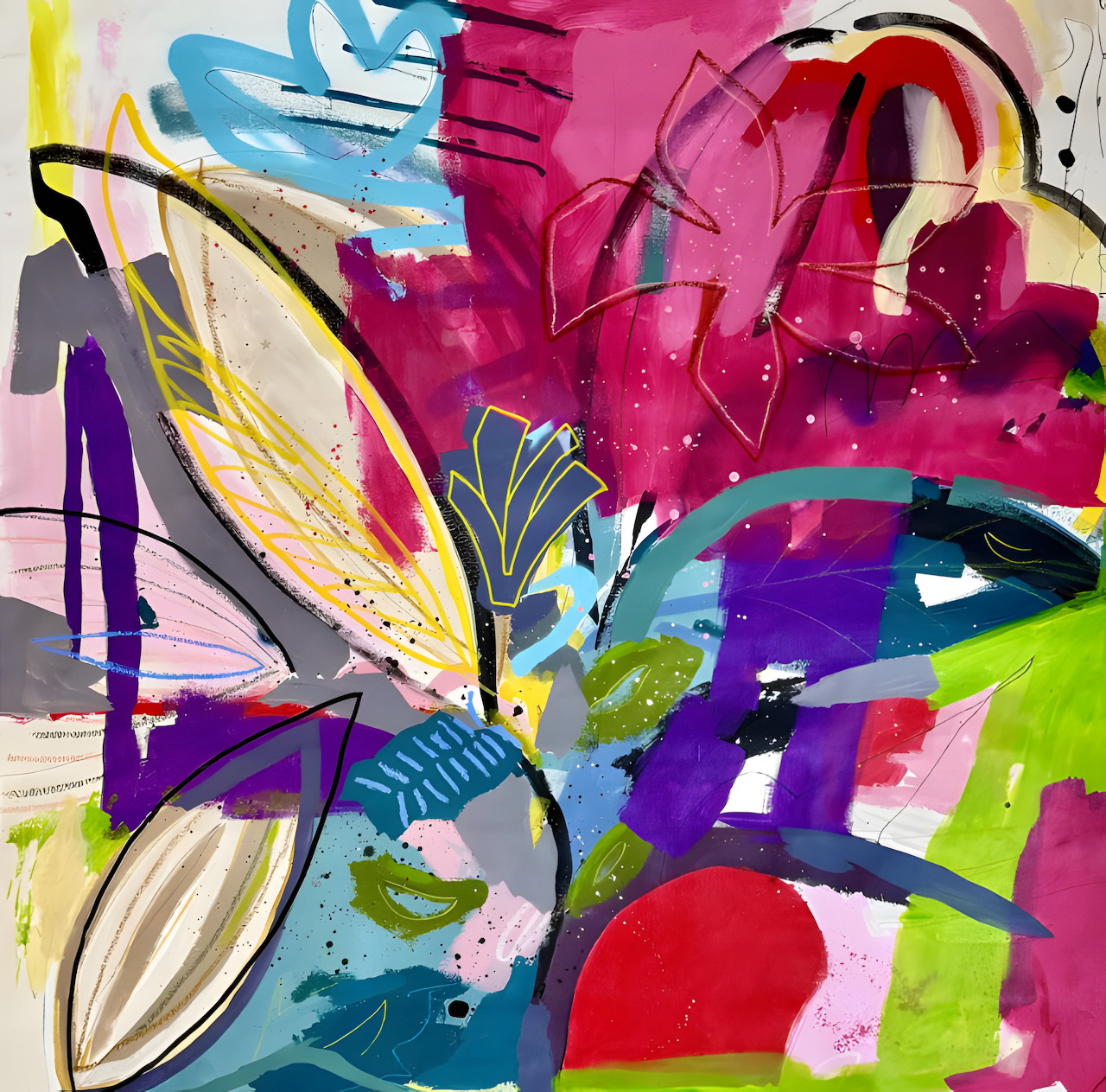 Colorful abstract painting with pink flower shapes, blue and green brushstrokes, and purple geometric forms