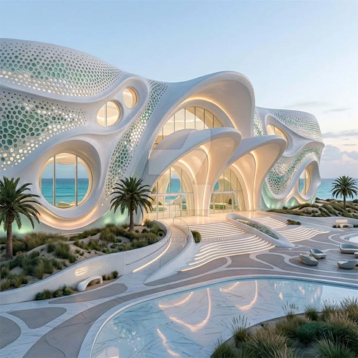 Futuristic white mansion with curved organic design, large windows, palm trees, and a reflective pool