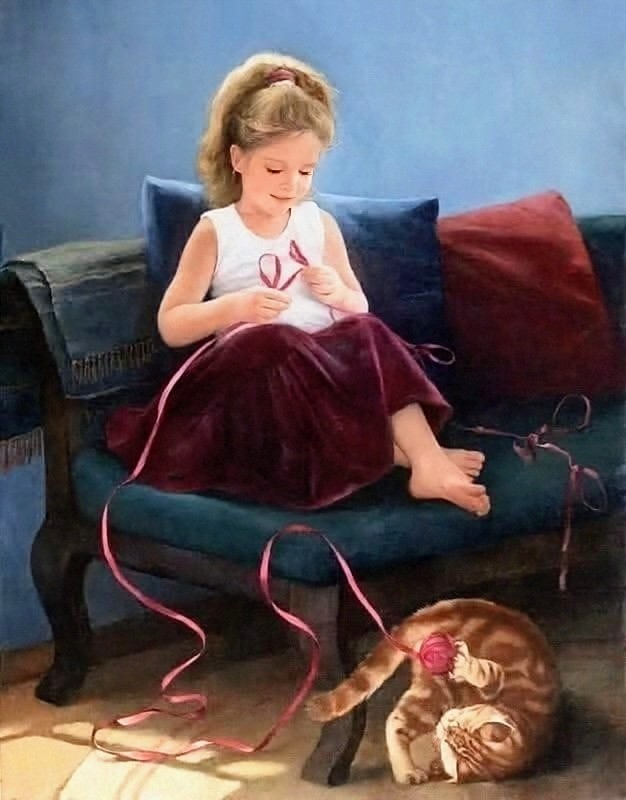 Painting of a young girl on a teal sofa playing with a pink ribbon, with a tabby cat lying on the floor below.