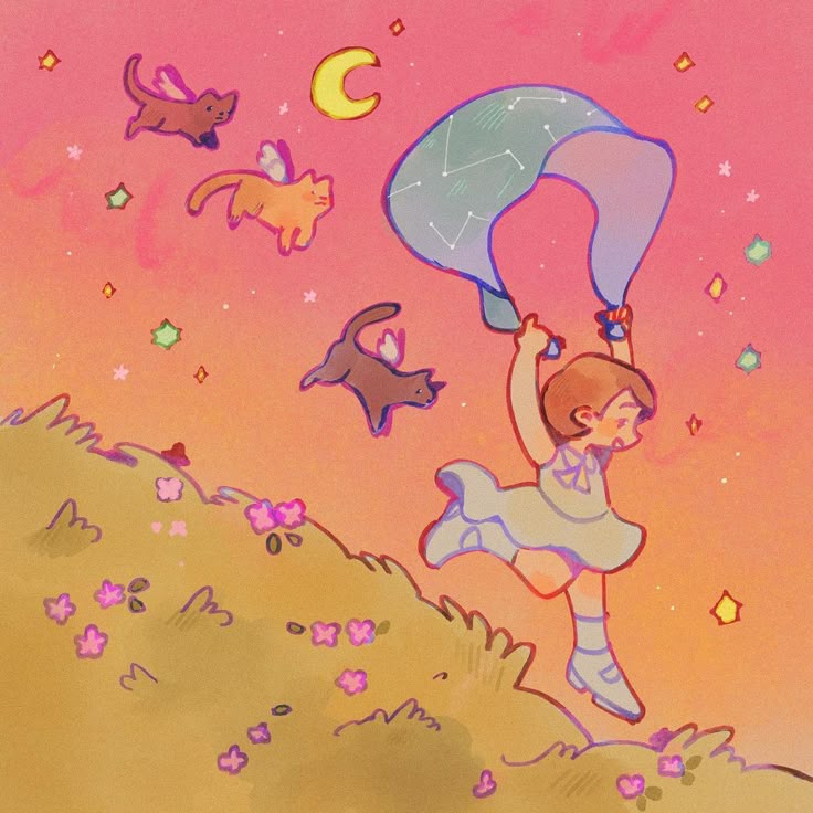 Cute illustration of a girl floating with balloons on a hillside with flying cats in a pink sunset sky