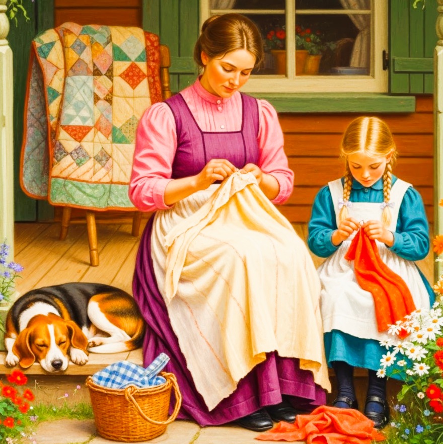 Mother and daughter sewing quilts indoors with dog resting on floor, patchwork quilt on chair, cottage interior