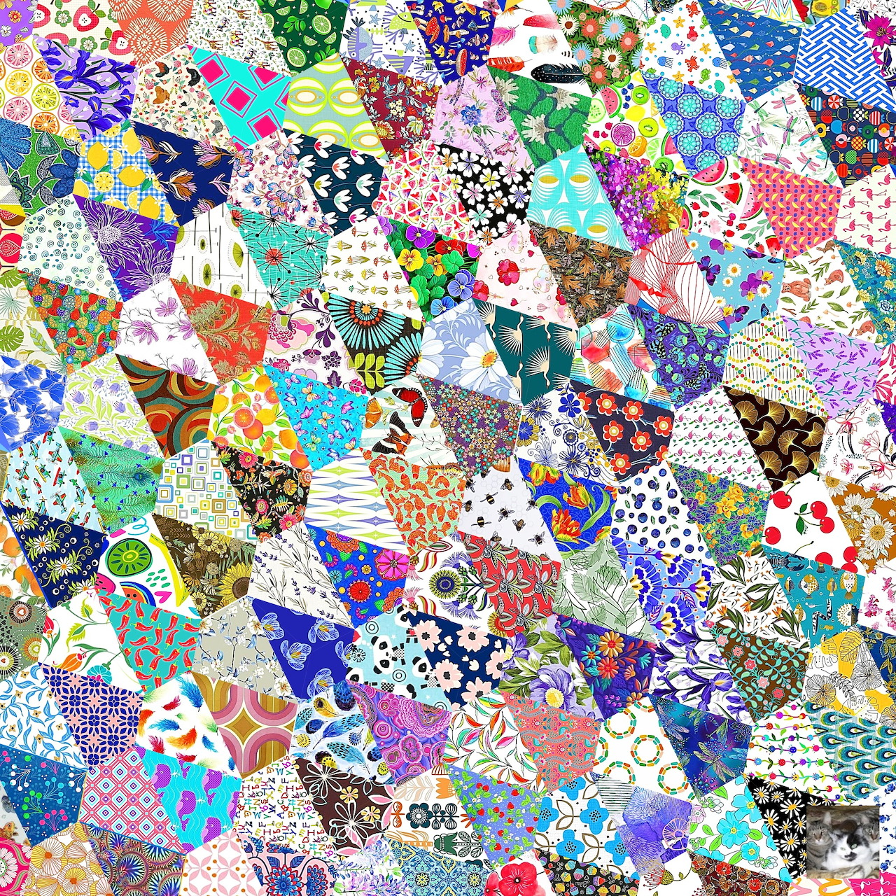 Dense collage of colorful hexagonal fabric patches with varied patterns including florals, polka dots, and geometric designs