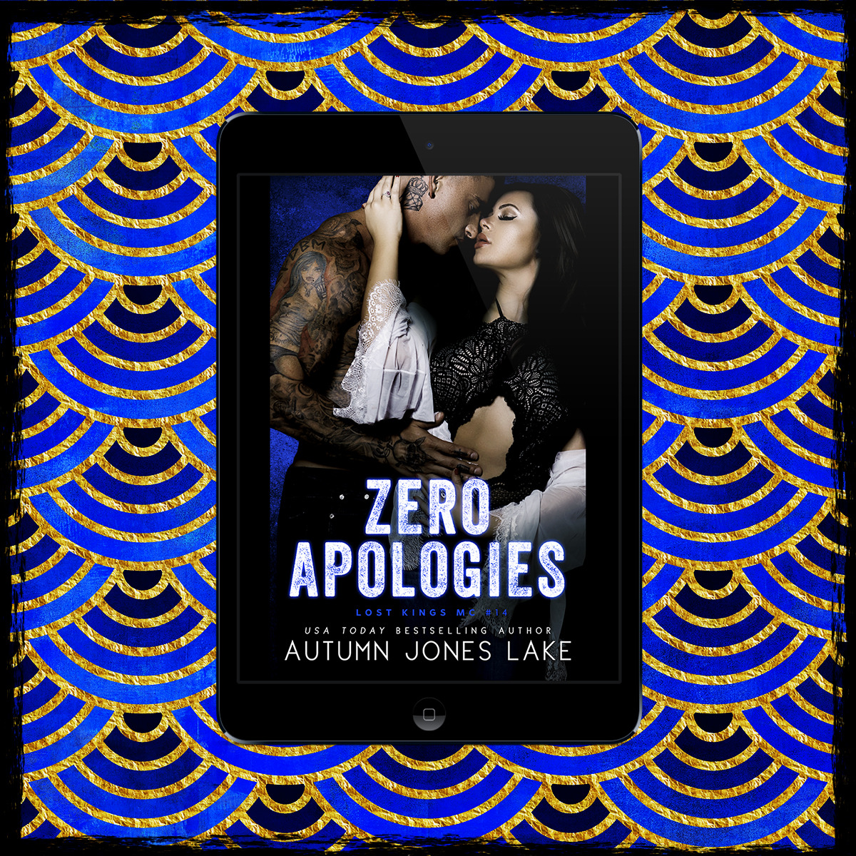 Zero Apologies book cover with couple on decorative blue and gold pattern background
