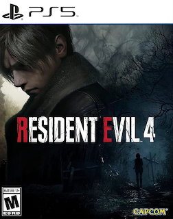 Resident Evil 4 PS5 game cover showing character Leon against dark village backdrop