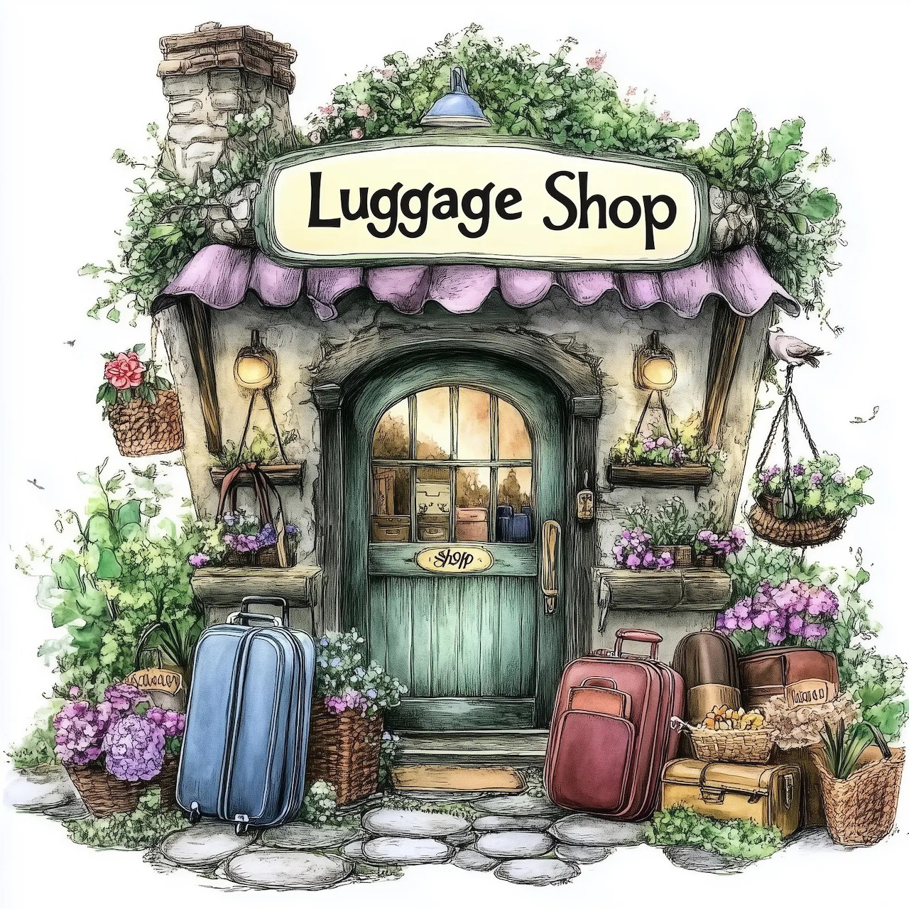 Watercolor illustration of a quaint cottage luggage shop with flowers, vintage suitcases, and hanging baskets