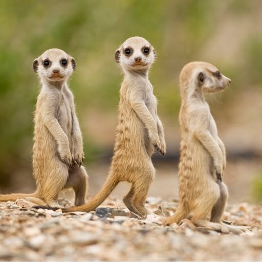 Three meerkats standing upright on pebbly ground outdoors