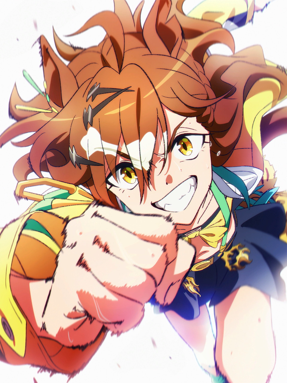 Anime girl with wild brown hair and yellow eyes thrusting her fist forward aggressively, Uma Musume character