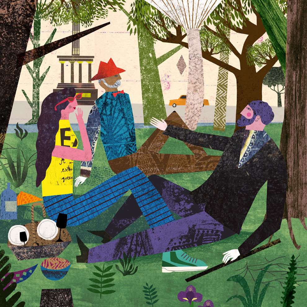 Illustration of two people picnicking under trees in a park with colorful patterned clothing and foliage