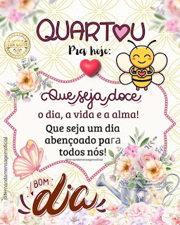 Colorful Portuguese greeting card with bee, flowers, butterfly and text saying Quartou, Que seja doce, Bom Dia