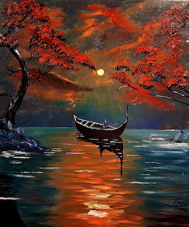 Painting of a small boat on reflective water under red trees at sunset