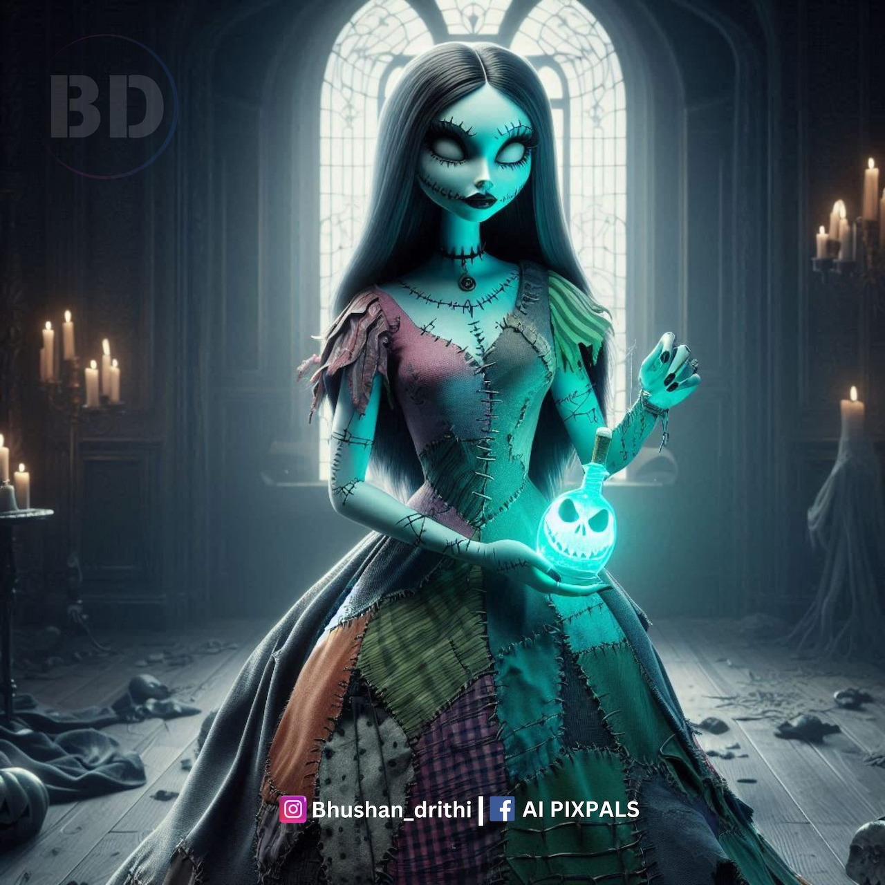 Sally from The Nightmare Before Christmas holding a glowing blue pumpkin in a dark gothic room