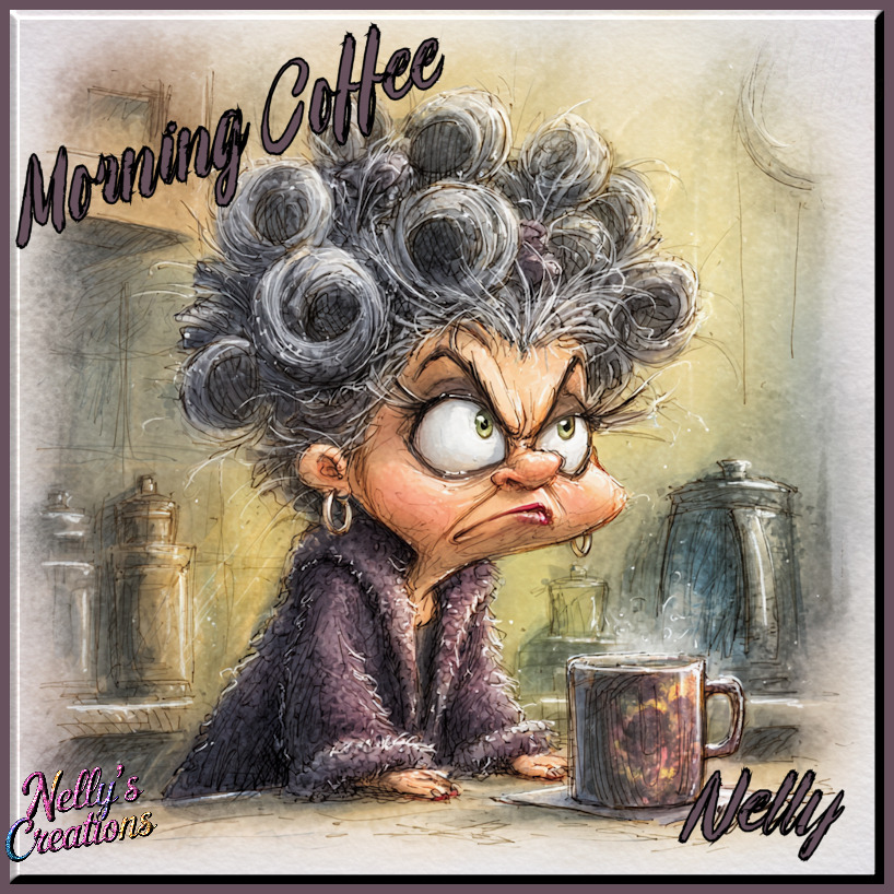 Cartoon of a grumpy elderly woman with messy gray hair sitting by a coffee mug