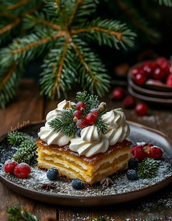 Layered cake with whipped cream and cranberries on a plate surrounded by pine branches