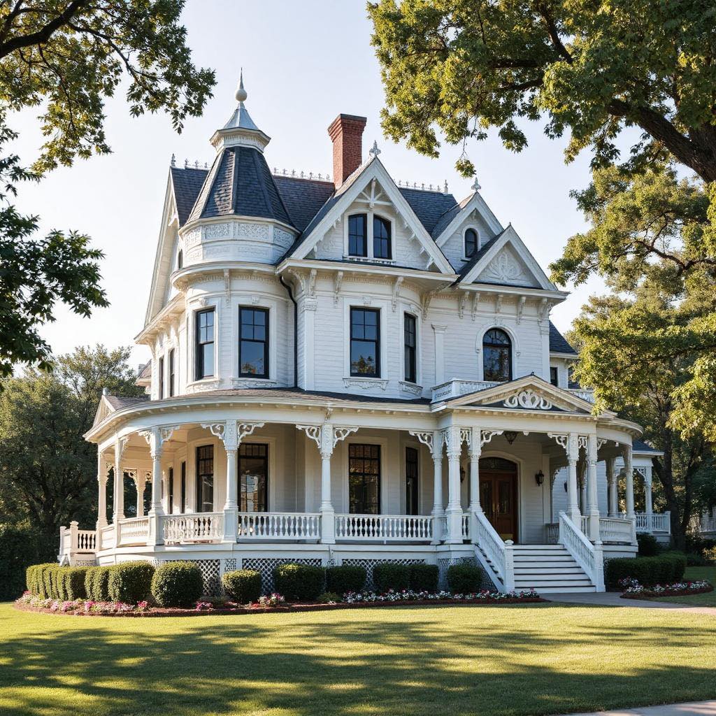 White Victorian mansion with a wraparound porch and turret surrounded by trees and lawn