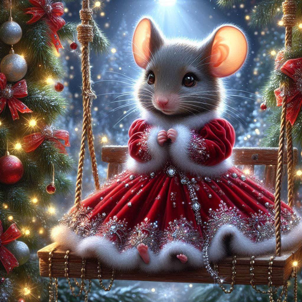 Cartoon mouse in red Christmas dress sitting on wooden swing with holiday decorations and lights
