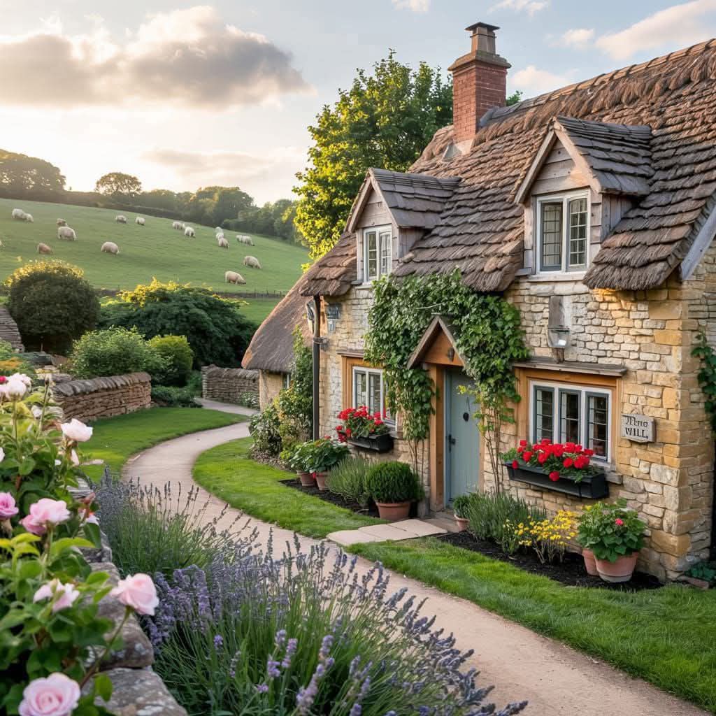 Stone cottage with thatched roof surrounded by vibrant flower garden and green lawn under cloudy sky