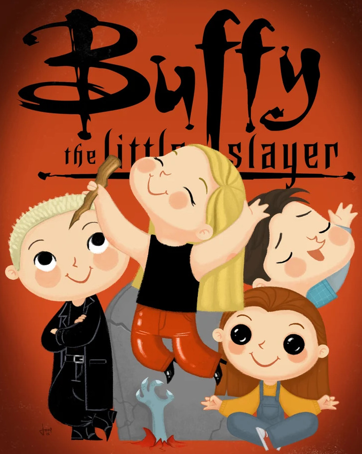 Cartoon illustration of Buffy the Vampire Slayer characters with logo on red background