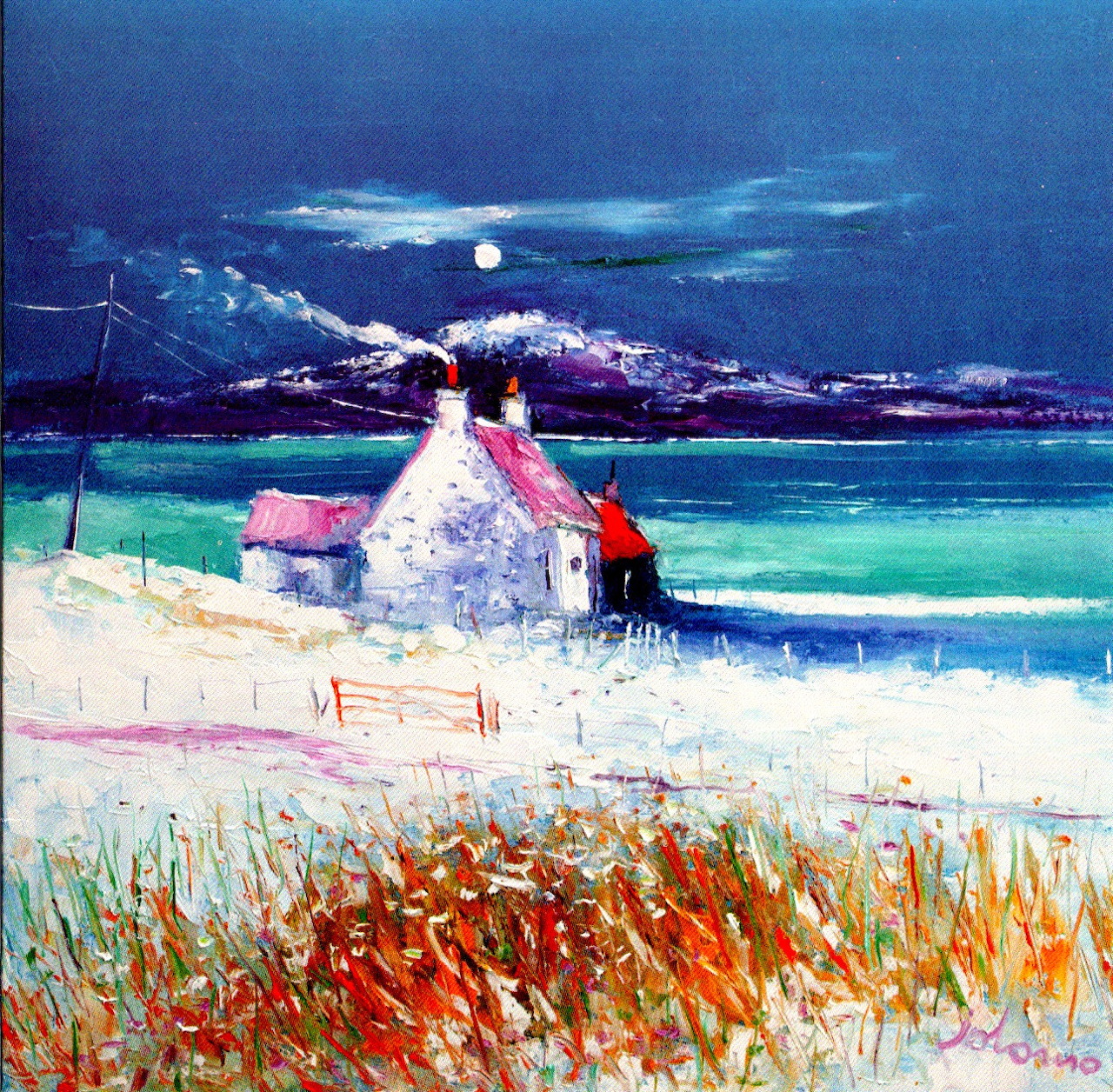 Impressionist painting of white cottage on beach with turquoise water and moonlit sky
