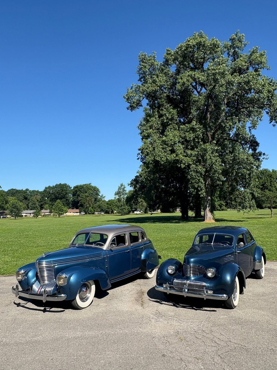 Two vintage blue cars parked on pavement in a park with green grass and trees under clear blue sky