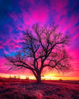 Silhouette of a large bare tree against a vivid pink and purple sunset sky over a flat field
