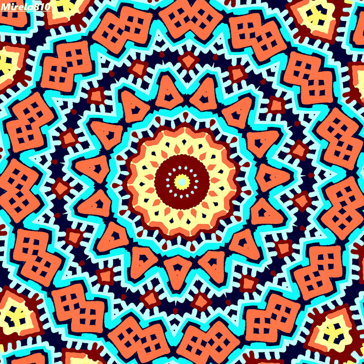 Colorful geometric mandala with orange triangles, turquoise zigzags, and yellow squares in radial symmetry