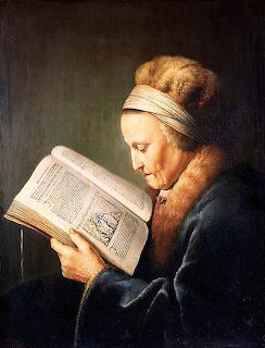Classical painting of an elderly woman wearing a white headband reading a large book against a dark background