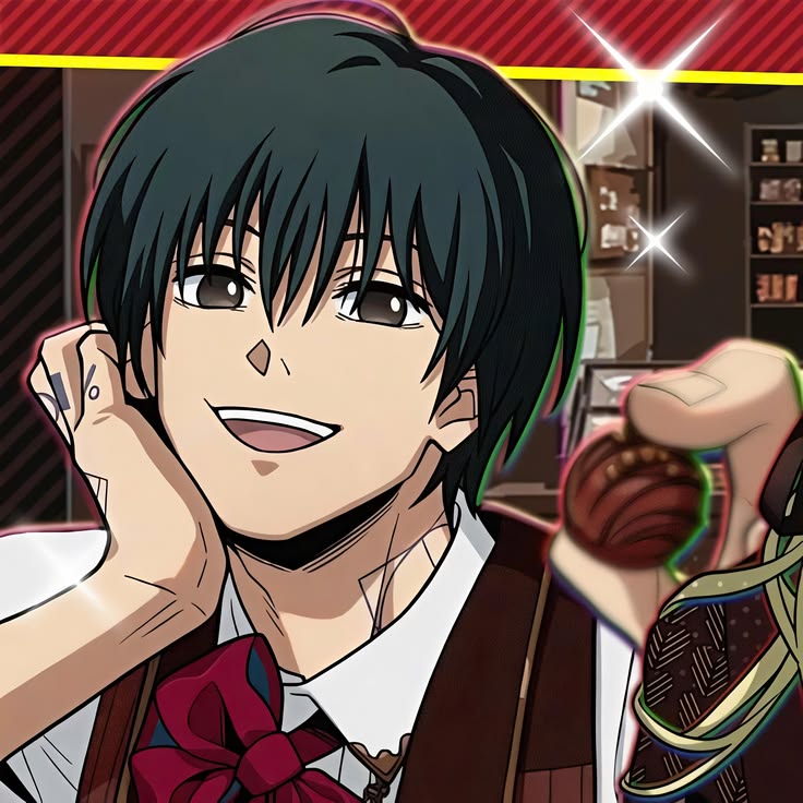 Anime boy with dark hair smiling in a cafe, with playing cards and a dessert in the foreground