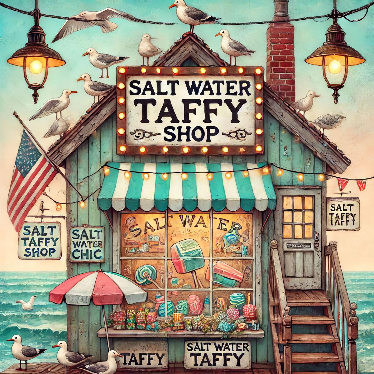 Illustration of a seaside salt water taffy shop with candy, seagulls, stairs, and ocean waves