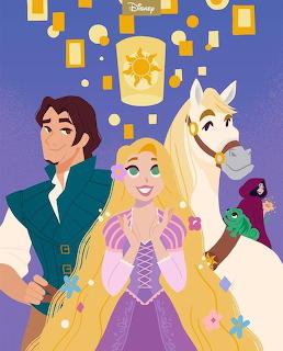Disney's Rapunzel with Flynn Rider, white horse Maximus, and Pascal chameleon surrounded by glowing lanterns