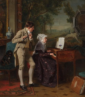 Painting of an elderly woman at a piano with a man singing beside her in an ornate interior