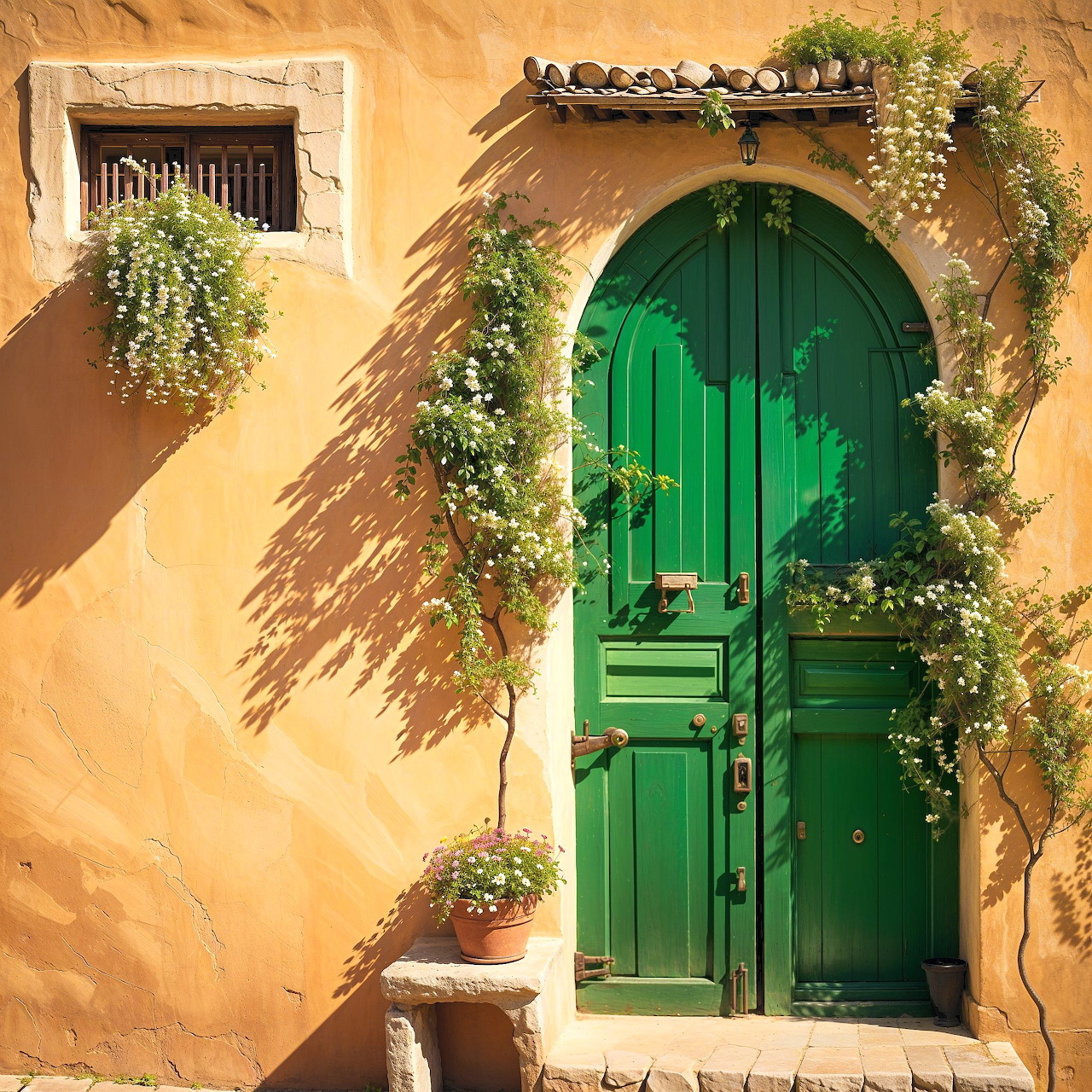 Green arched door in orange adobe wall with cascading plants and flowers
