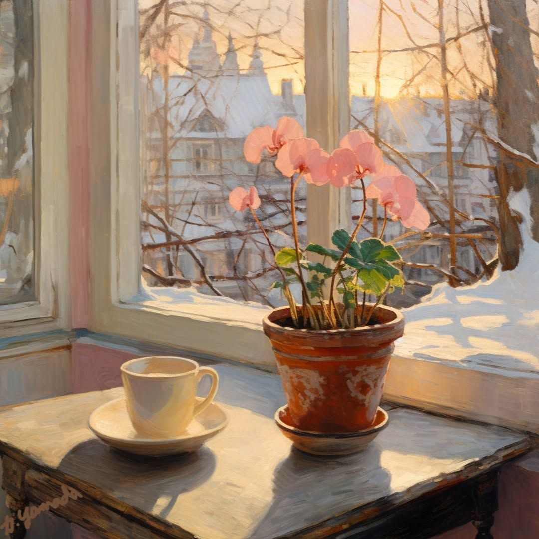 Pink orchid plant in pot on table by window with cup and saucer, golden sunlight and bare branches visible outside