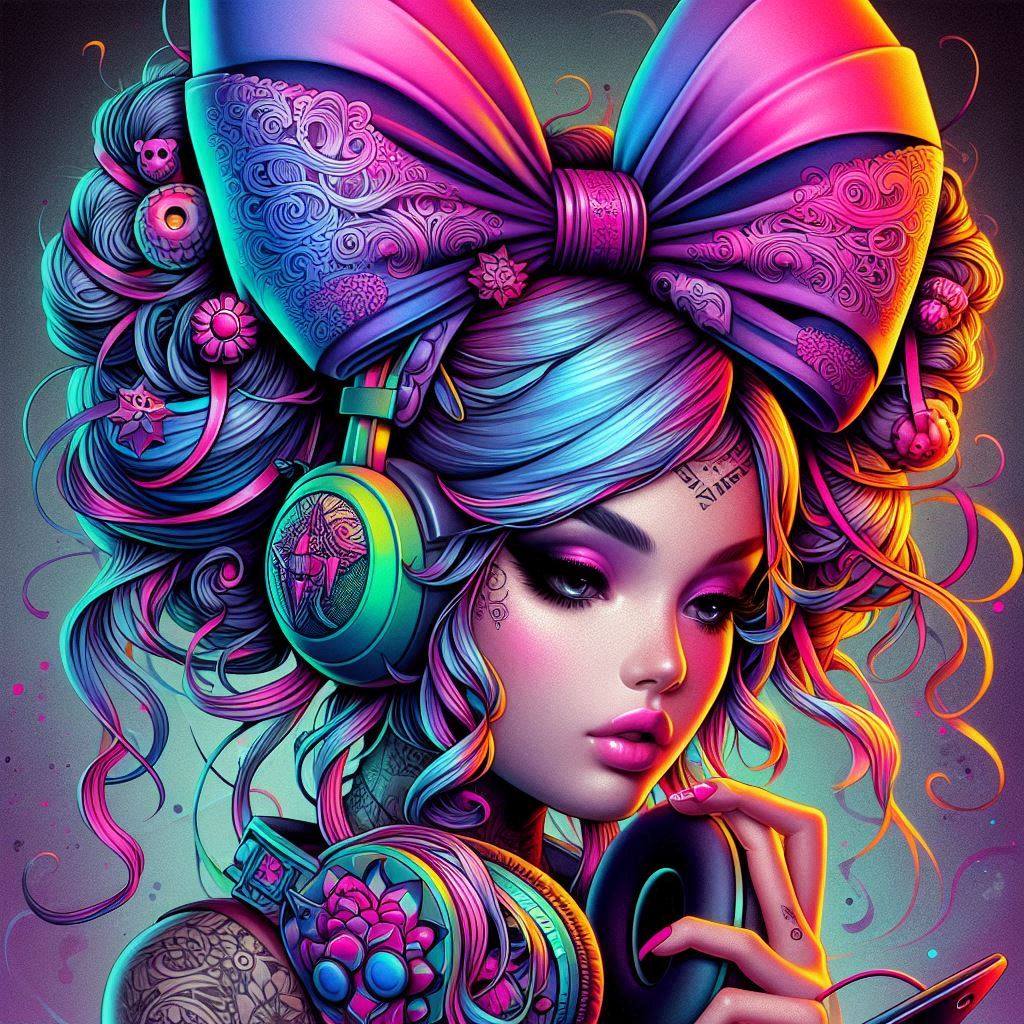 Colorful digital illustration of a stylized girl with a large bow, headphones, and neon hair