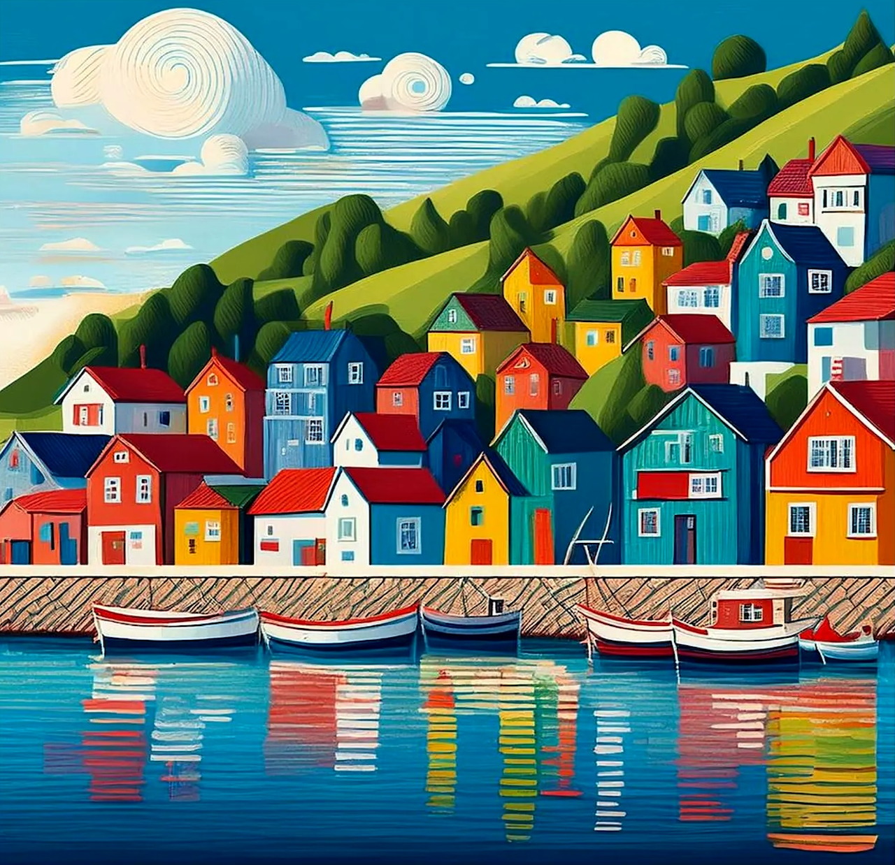 Colorful illustrated seaside village with houses on green hills, boats at harbor, and water reflections