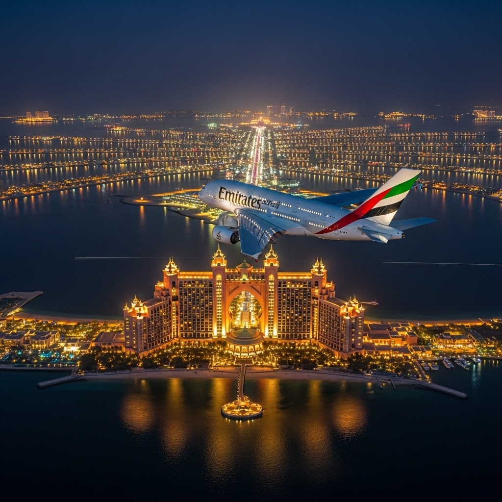 Emirates airplane flying above Atlantis Dubai at night with illuminated waterfront reflections